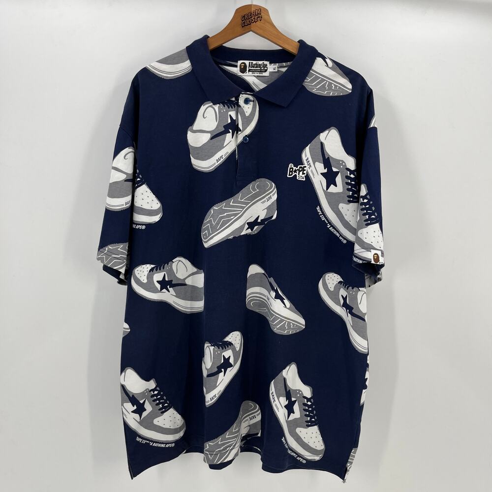 A Bathing Ape BAPE Sta Nigo All Over Print Collared Polo Shirt in Navy Blue XL